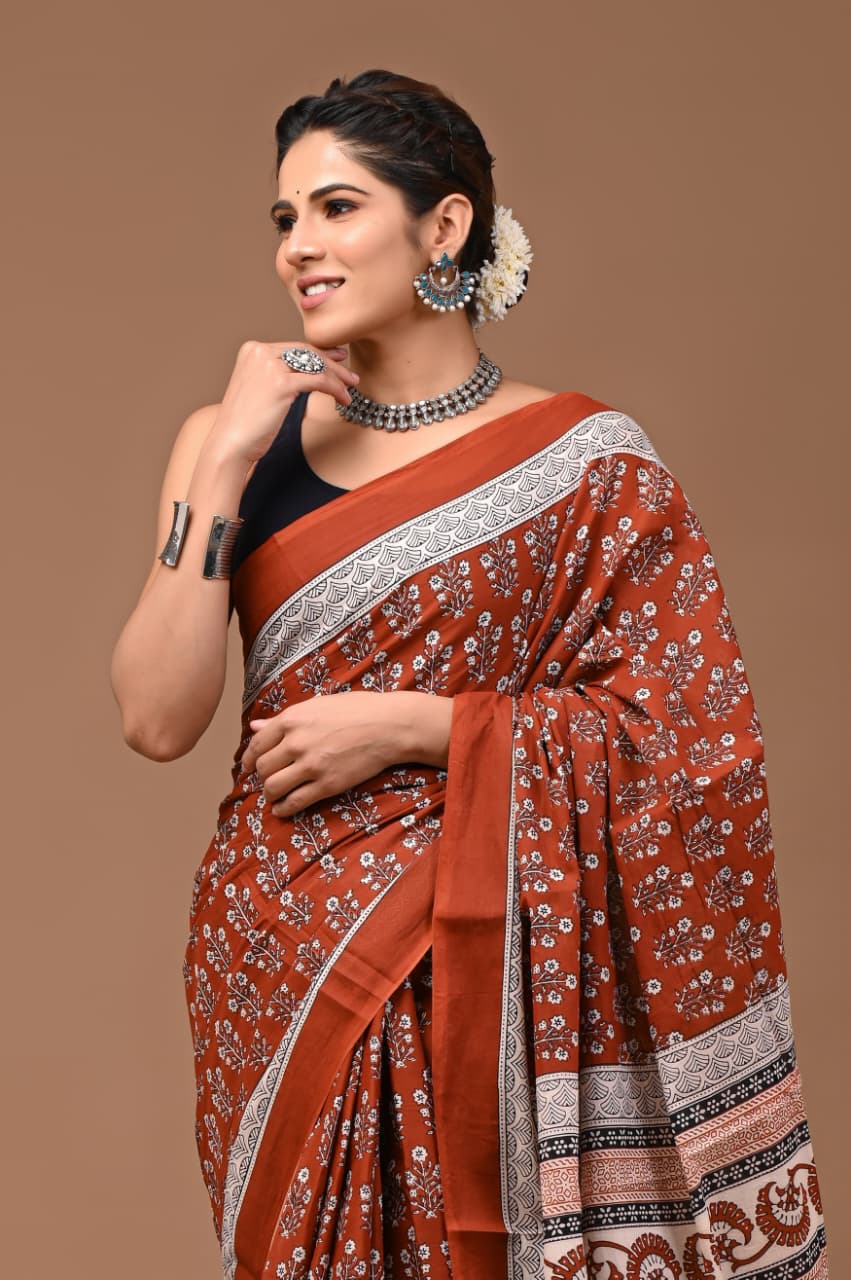 Jaipuri Printed Pure Mulmul Cotton Saree | With Blouse Piece - Rusty Red