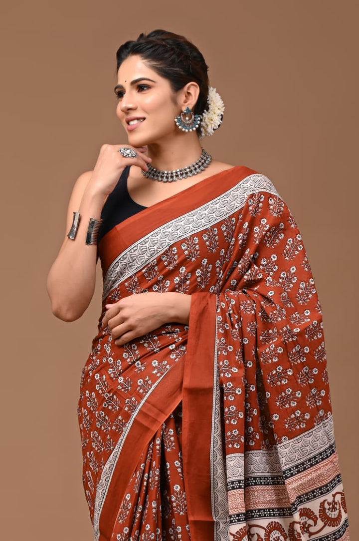 Jaipuri Printed Pure Mulmul Cotton Saree | With Blouse Piece - Rusty Red