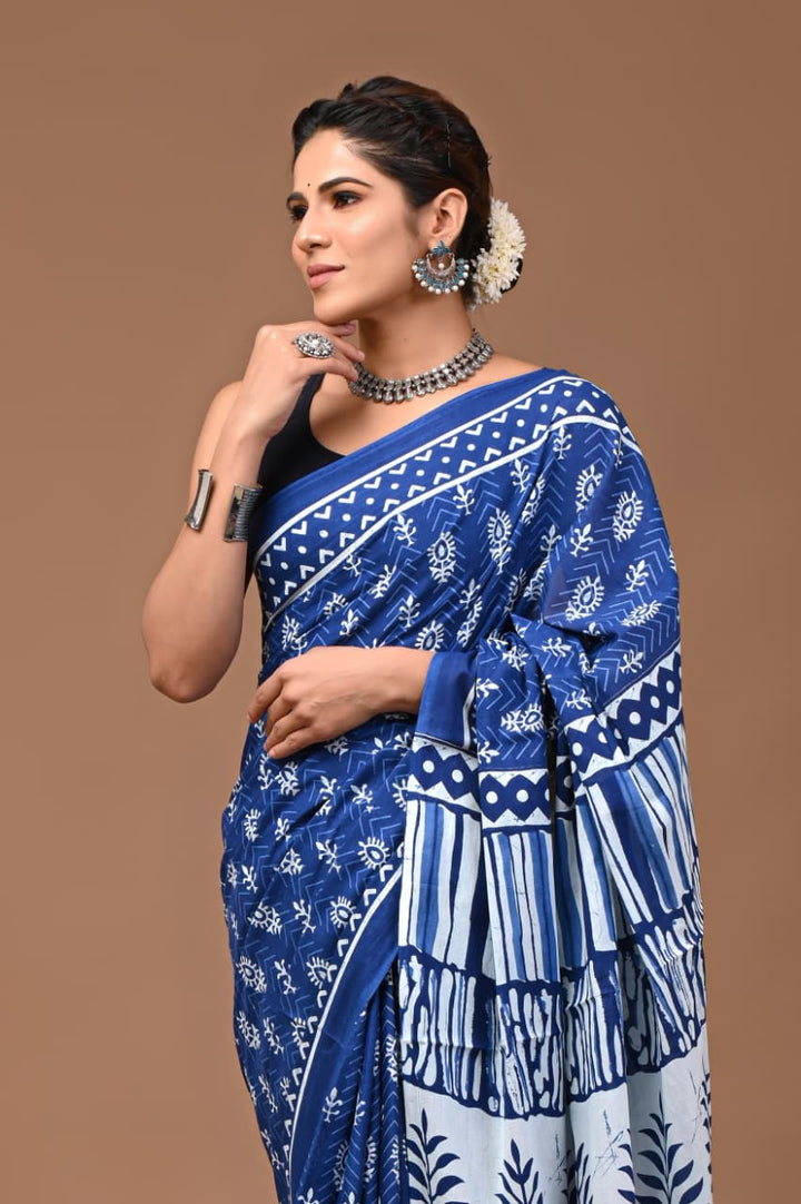 Jaipuri Printed Pure Mulmul Cotton Saree | With Blouse Piece - indigo