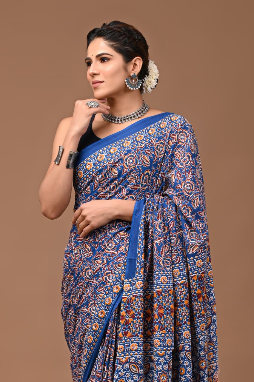 Jaipuri Printed Pure Mulmul Cotton Saree | With Blouse Piece - Kalamkaari