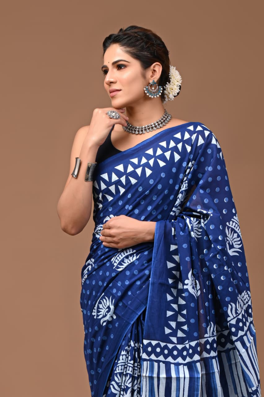 Jaipuri Printed Pure Mulmul Cotton Saree | With Blouse Piece - indigo blue