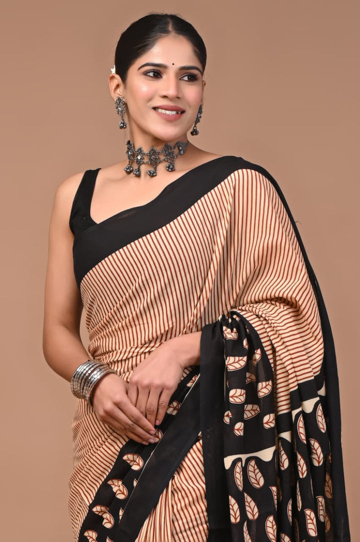 Jaipuri Printed Pure Mulmul Cotton Saree | With Blouse Piece - Stripes
