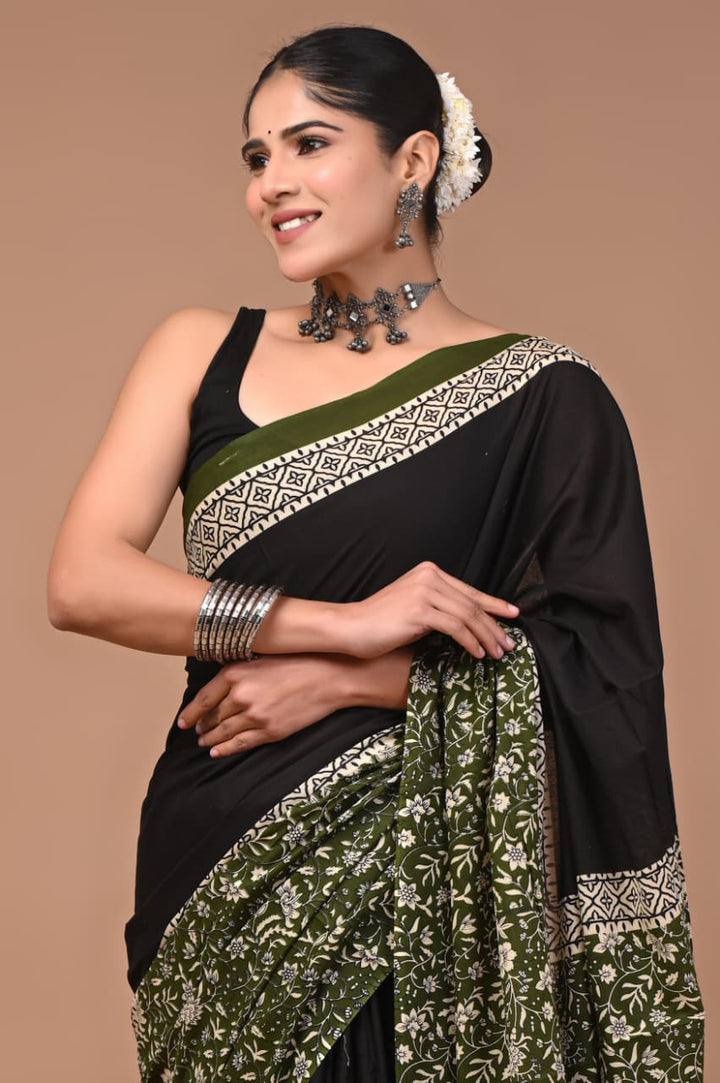 Jaipuri Printed Pure Mulmul Cotton Saree | With Blouse Piece - black and green