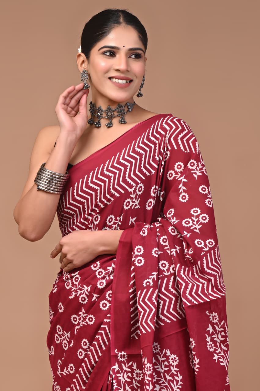 Jaipuri Printed Pure Mulmul Cotton Saree | With Blouse Piece - Rani Pink