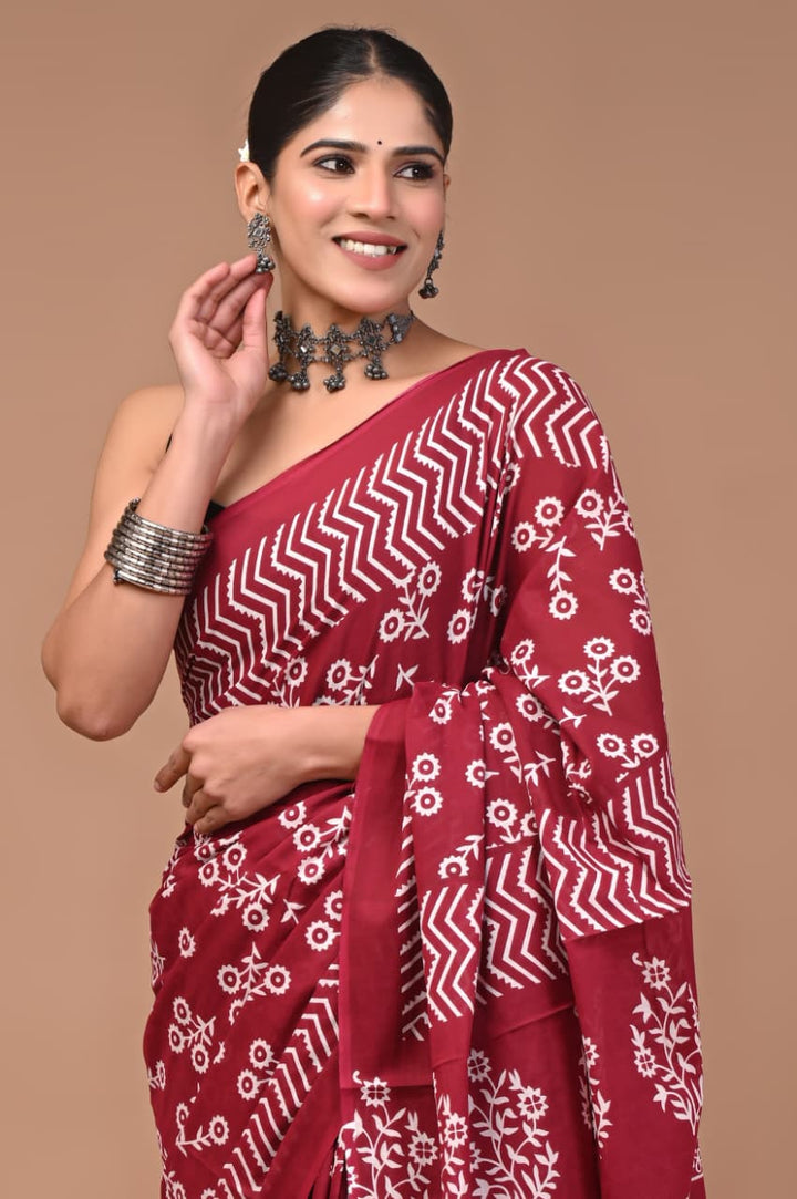 Jaipuri Printed Pure Mulmul Cotton Saree | With Blouse Piece - Rani Pink