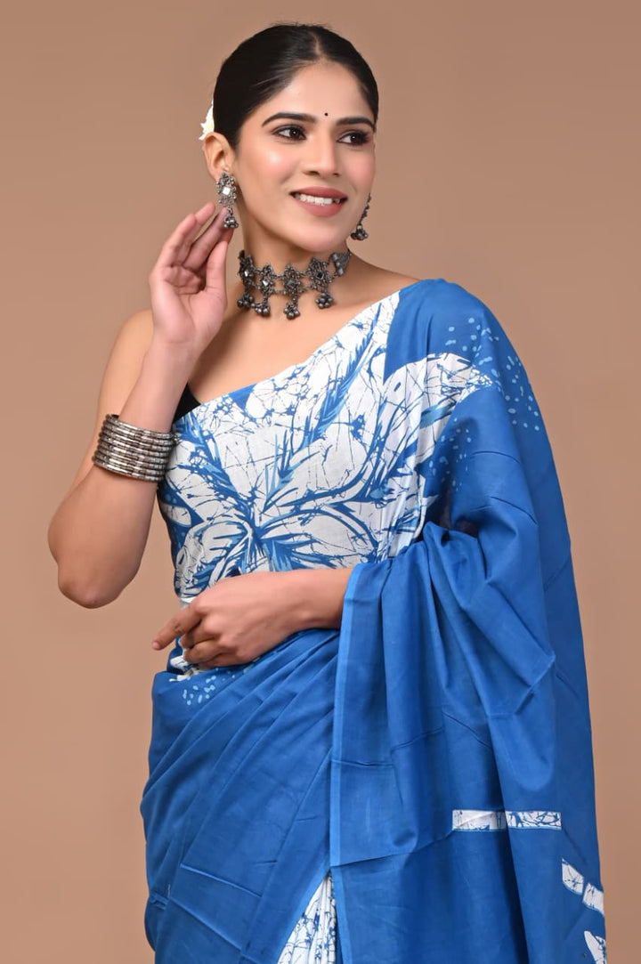Jaipuri Printed Pure Mulmul Cotton Saree | With Blouse Piece - Sky Blue