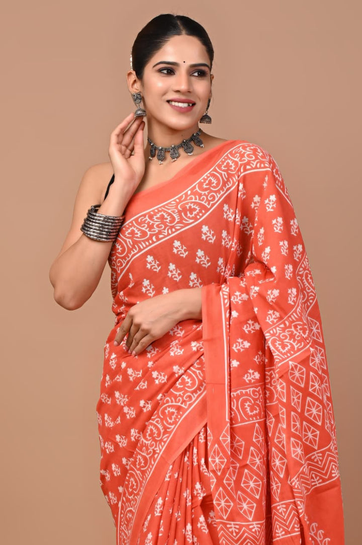 Jaipuri Printed Pure Mulmul Cotton Saree | With Blouse Piece - Peach