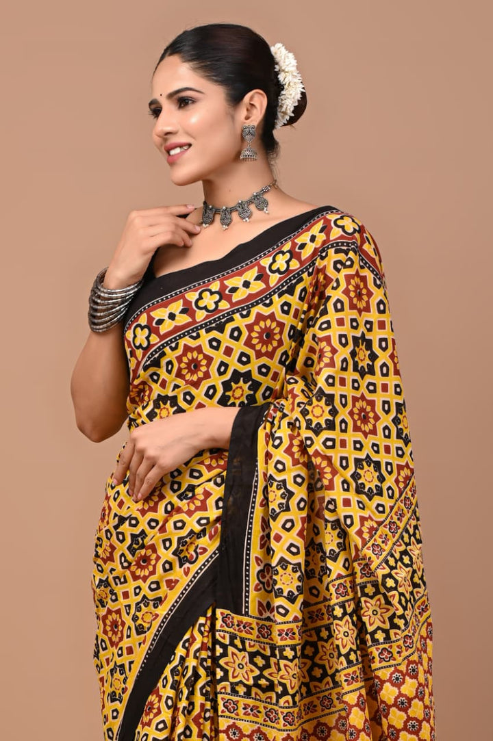 Jaipuri Printed Pure Mulmul Cotton Saree | With Blouse Piece - Ajrakh