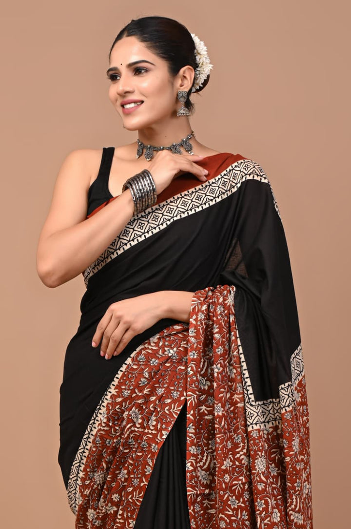 Jaipuri Printed Pure Mulmul Cotton Saree | With Blouse Piece - Black Bagru