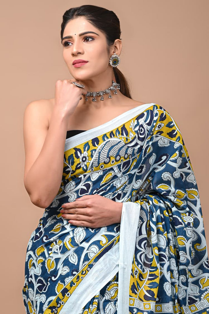 Jaipuri Printed Pure Mulmul Cotton Saree | With Blouse Piece - Kalamkari