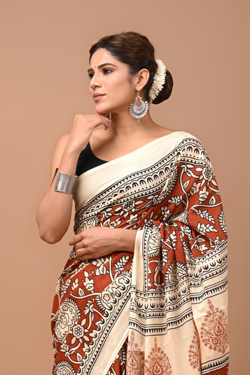 Jaipuri Printed Pure Mulmul Cotton Saree | With Blouse Piece - kalamkari