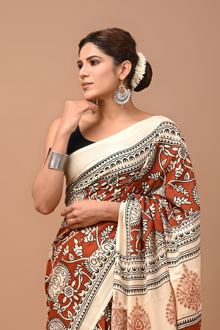 Jaipuri Printed Pure Mulmul Cotton Saree | With Blouse Piece - kalamkari
