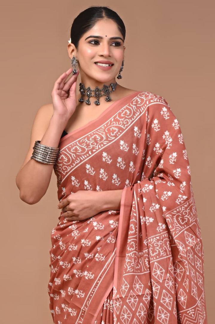 Jaipuri Printed Pure Mulmul Cotton Saree | With Blouse Piece