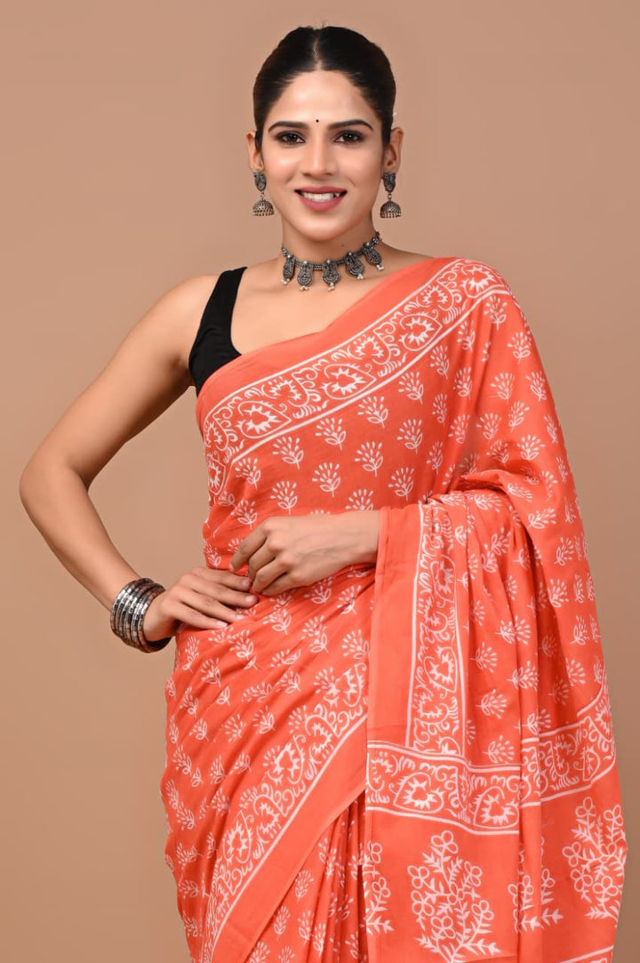 Jaipuri Printed Pure Mulmul Cotton Saree | With Blouse Piece - peach