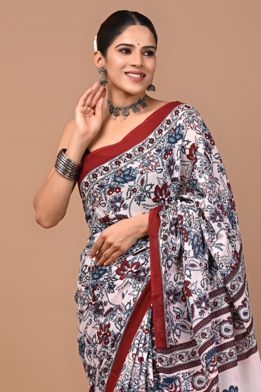 Jaipuri Printed Pure Mulmul Cotton Saree | With Blouse Piece - Kalamkari
