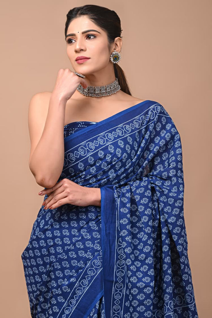 Jaipuri Printed Pure Mulmul Cotton Saree | With Blouse Piece - indigo blue