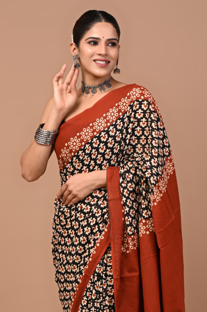 Jaipuri Printed Pure Mulmul Cotton Saree | With Blouse Piece - Bagru print
