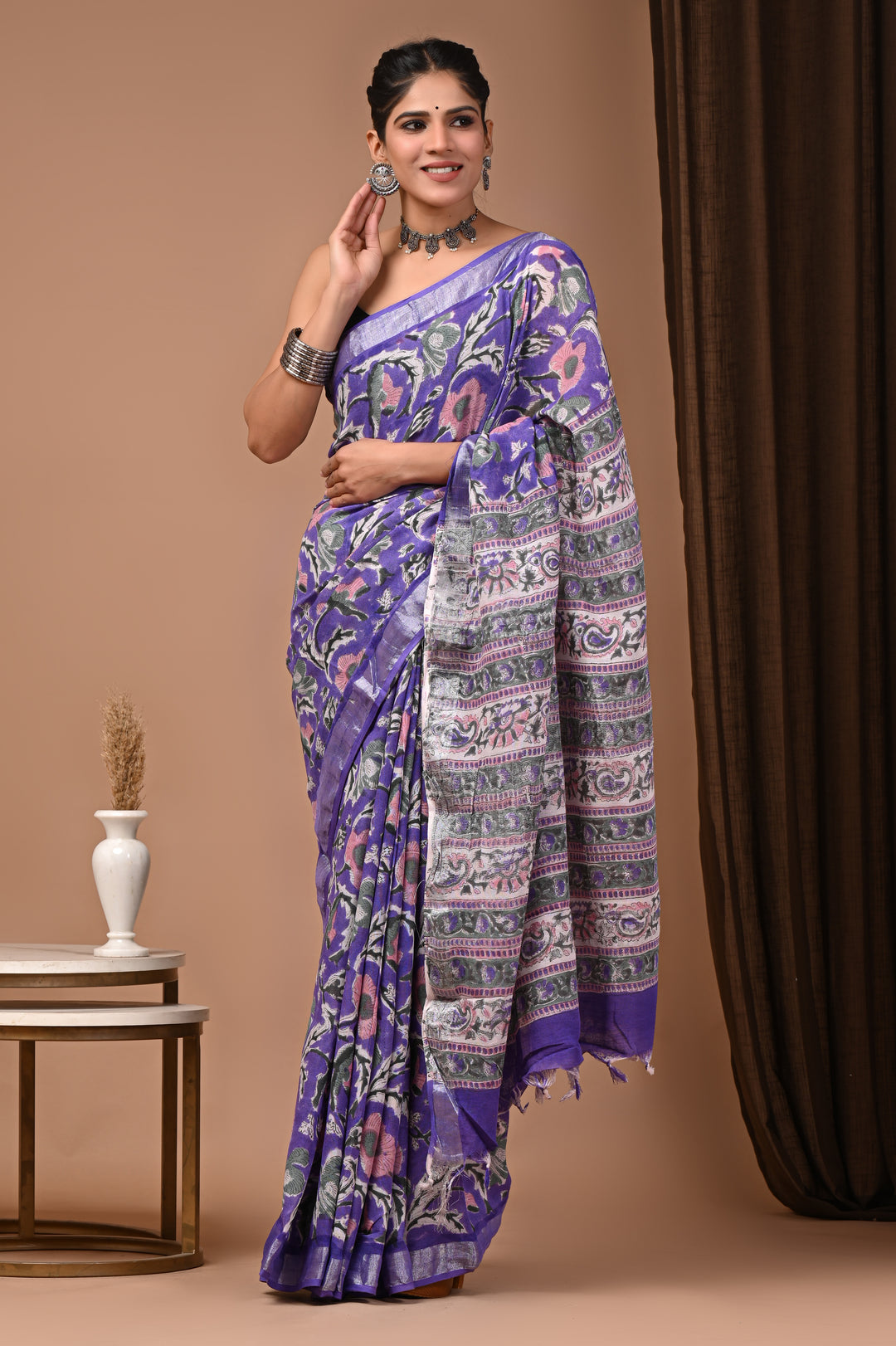 Vibrant Violet Floral Vine Print Saree with Silver Border