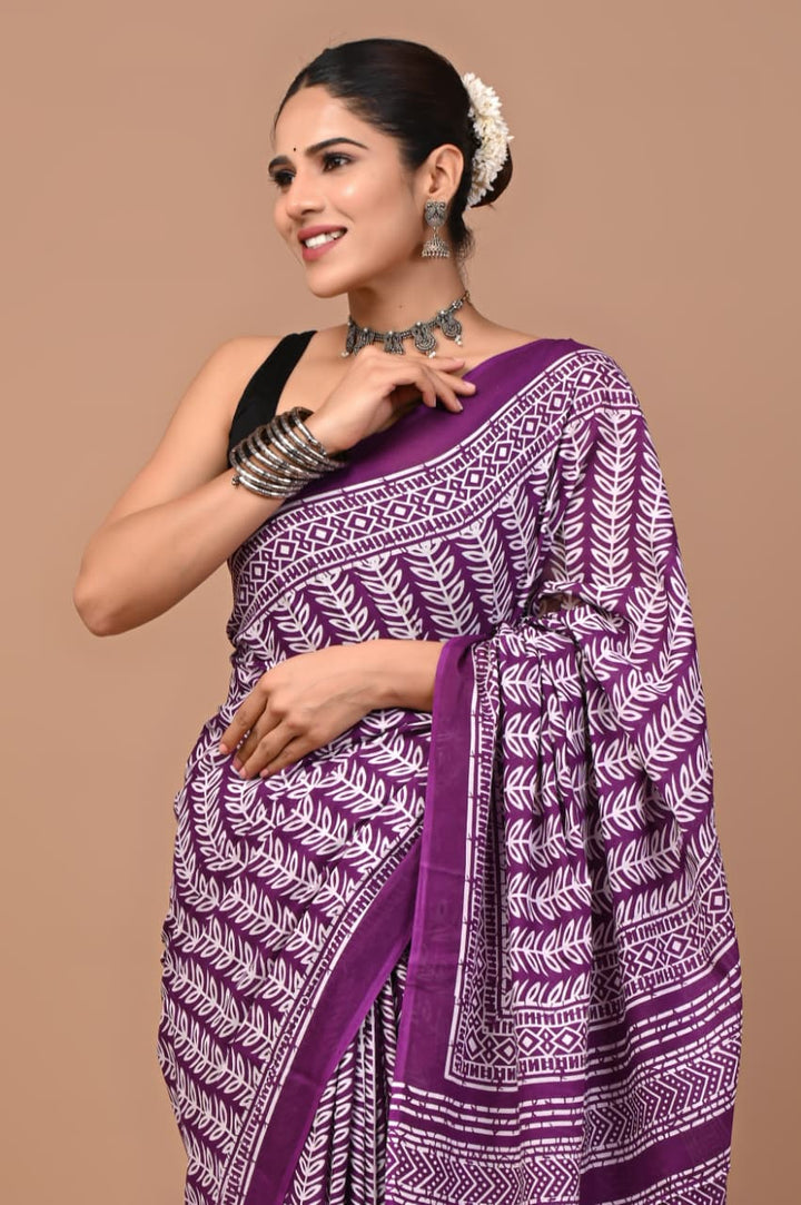 Jaipuri Printed Pure Mulmul Cotton Saree | With Blouse Piece - purple