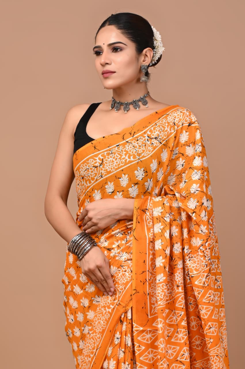 Jaipuri Printed Pure Mulmul Cotton Saree | With Blouse Piece - Mastard yellow