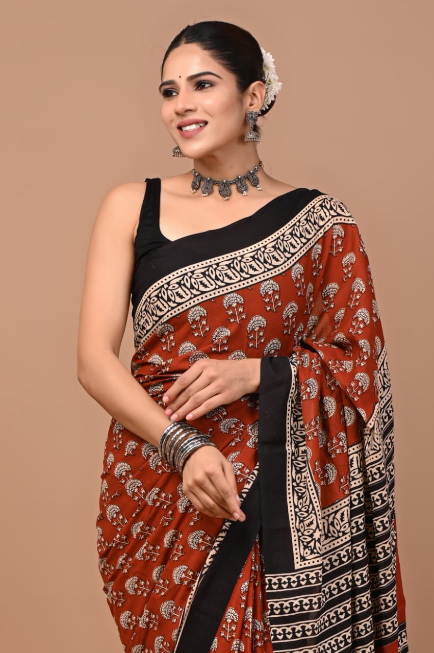 Jaipuri Printed Pure Mulmul Cotton Saree | With Blouse Piece - Bagru Printed