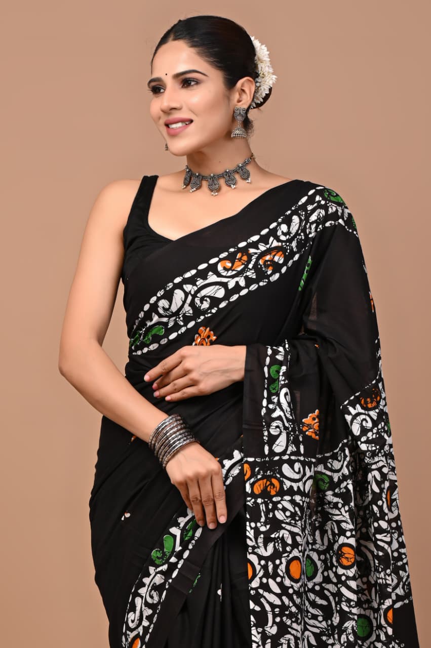 Jaipuri Printed Pure Mulmul Cotton Saree | With Blouse Piece - Batik Black