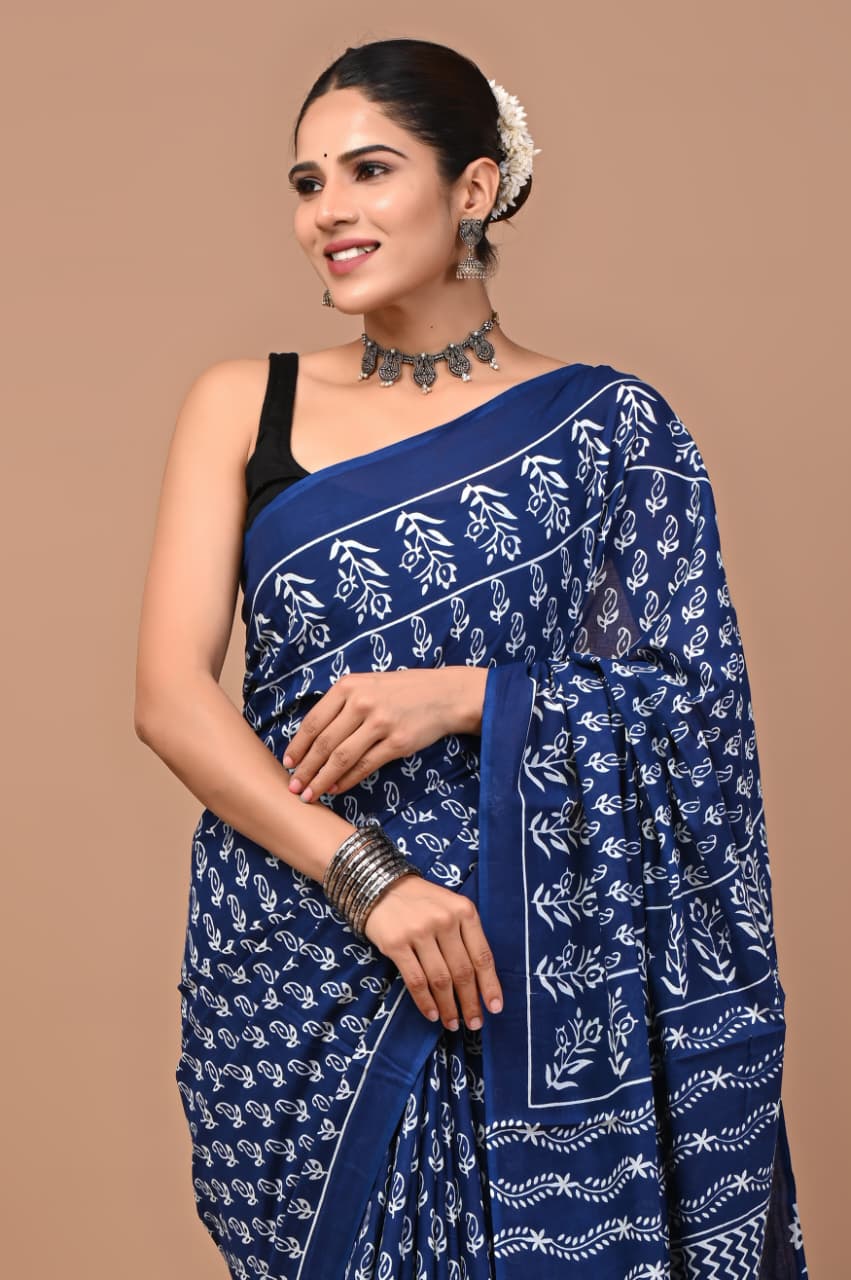 Jaipuri Printed Pure Mulmul Cotton Saree | With Blouse Piece - Indigo Blue