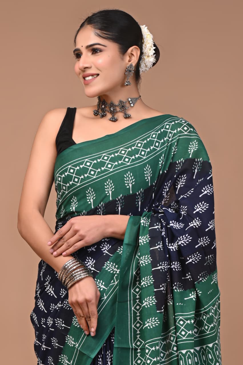 Jaipuri Printed Pure Mulmul Cotton Saree | With Blouse Piece - Team blue