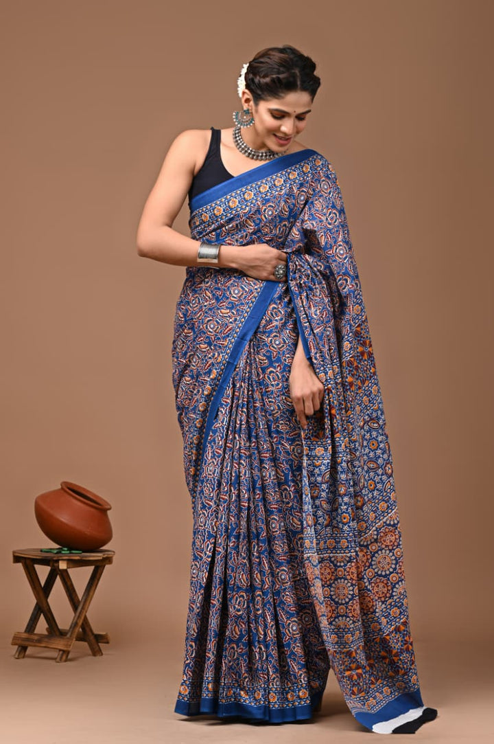 Jaipuri Printed Pure Mulmul Cotton Saree | With Blouse Piece - Kalamkaari