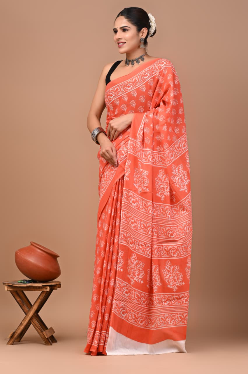 Jaipuri Printed Pure Mulmul Cotton Saree | With Blouse Piece - peach