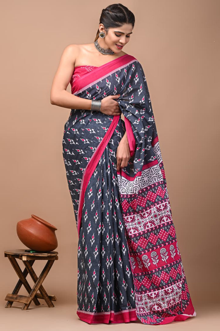 Jaipuri Printed Pure Mulmul Cotton Saree | With Blouse Piece - Ikkat