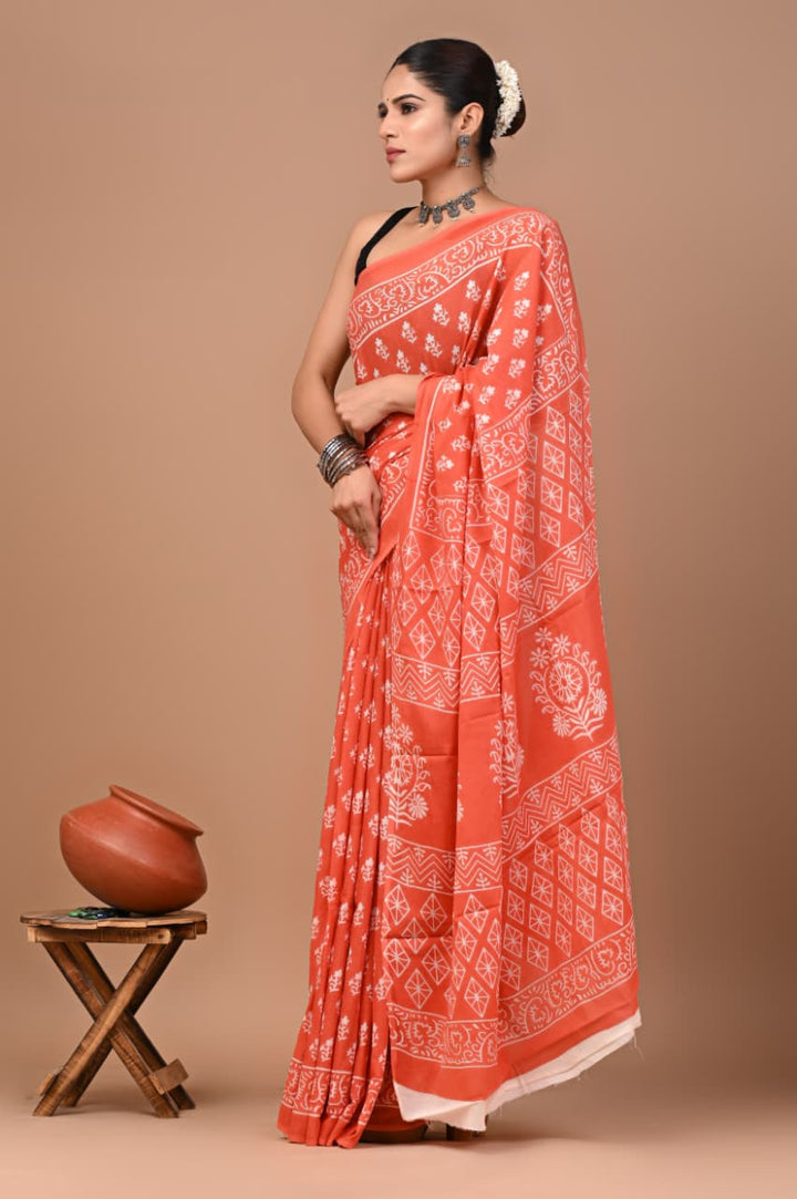 Jaipuri Printed Pure Mulmul Cotton Saree | With Blouse Piece - Peach