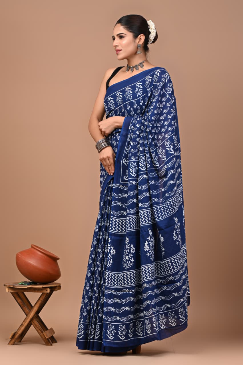 Jaipuri Printed Pure Mulmul Cotton Saree | With Blouse Piece - Indigo Blue