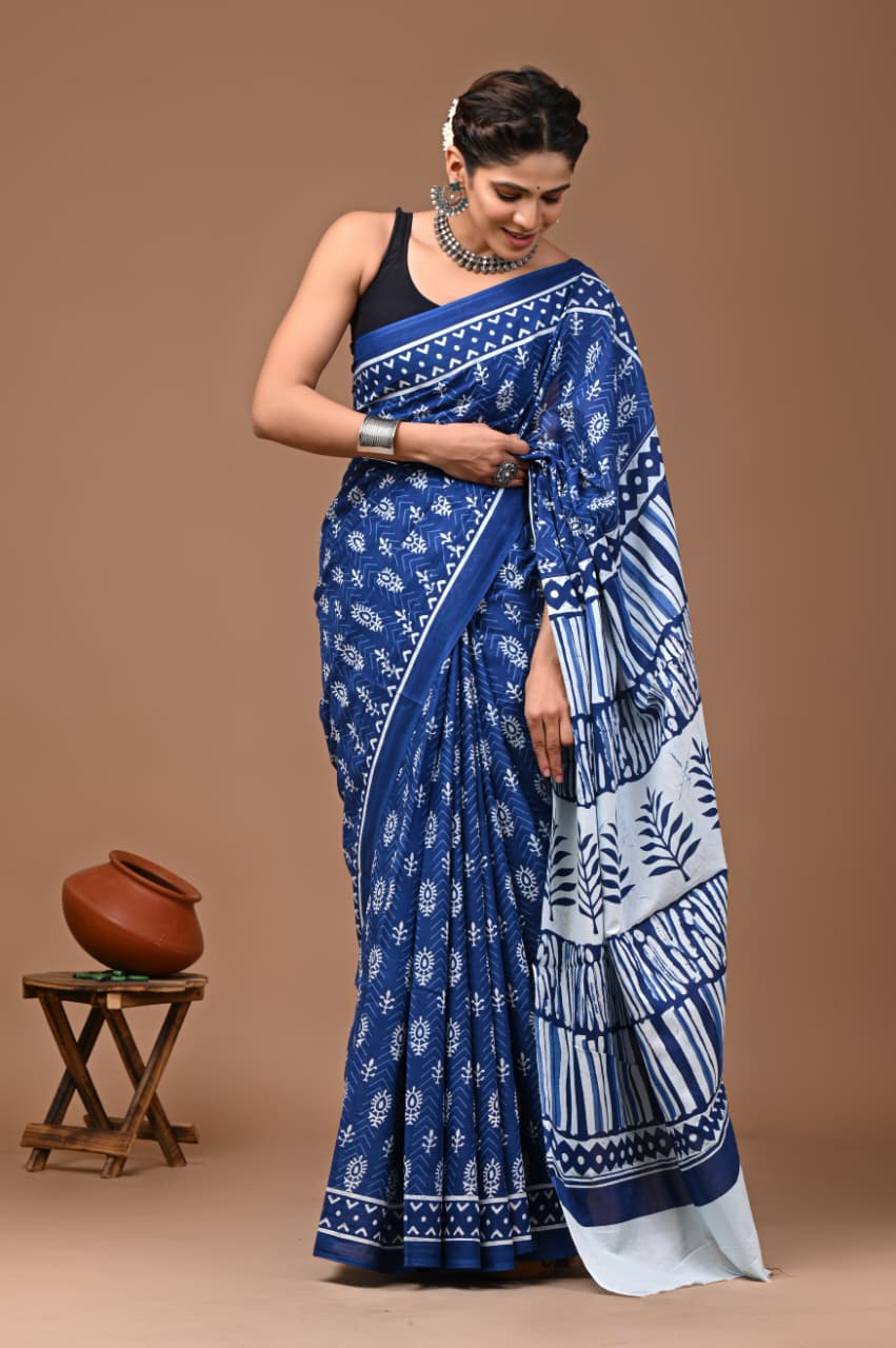 Jaipuri Printed Pure Mulmul Cotton Saree | With Blouse Piece - indigo