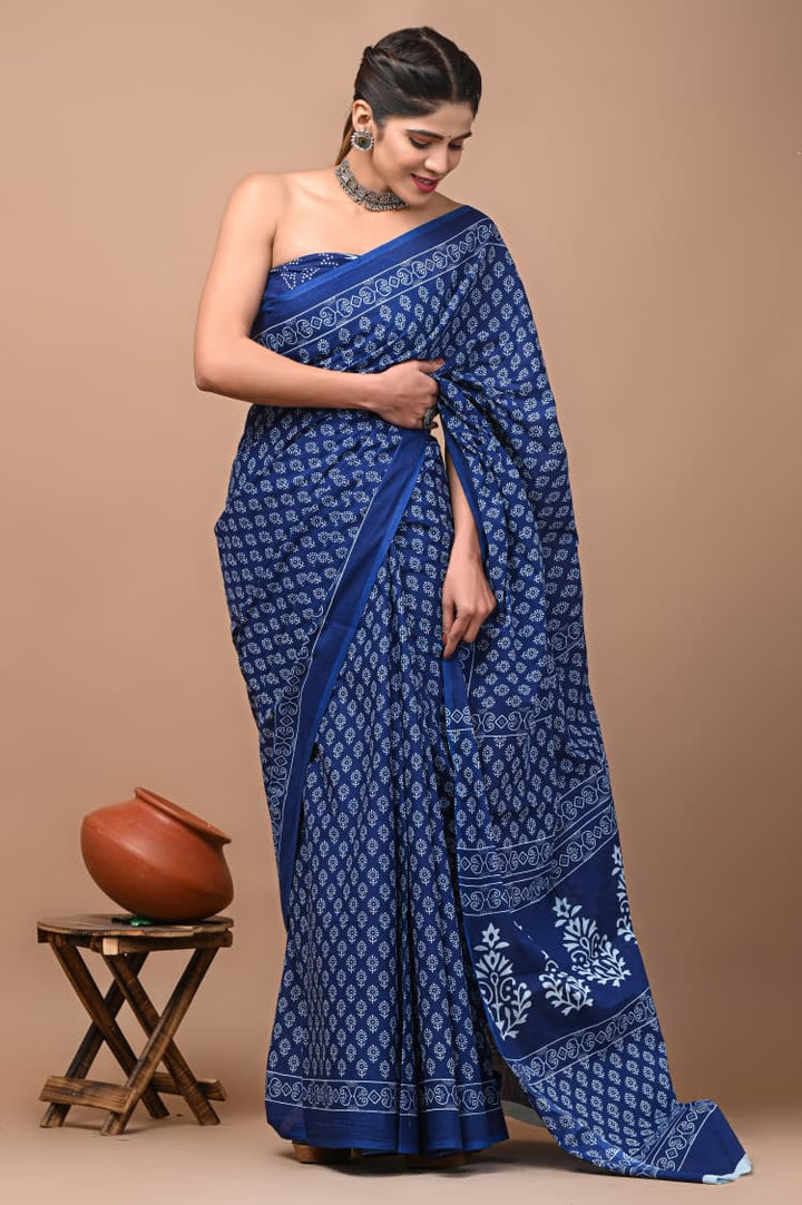 Jaipuri Printed Pure Mulmul Cotton Saree | With Blouse Piece - indigo blue