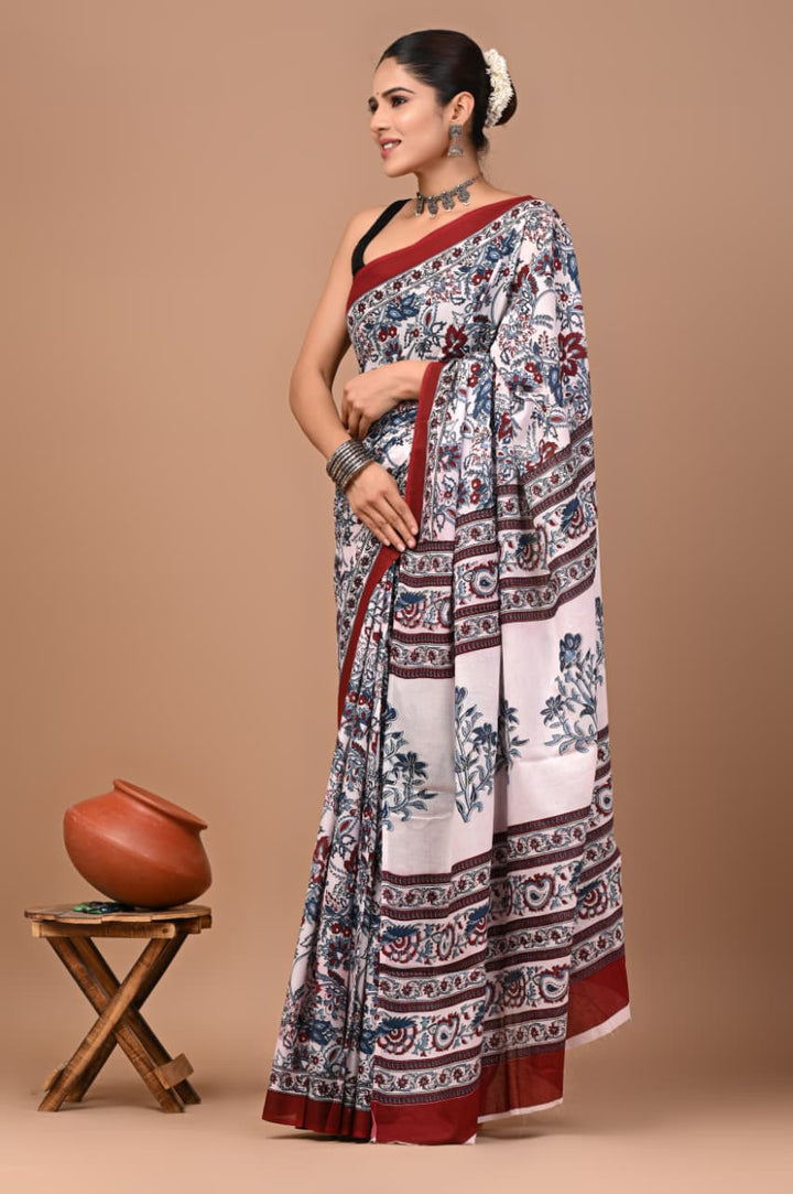 Jaipuri Printed Pure Mulmul Cotton Saree | With Blouse Piece - Kalamkari