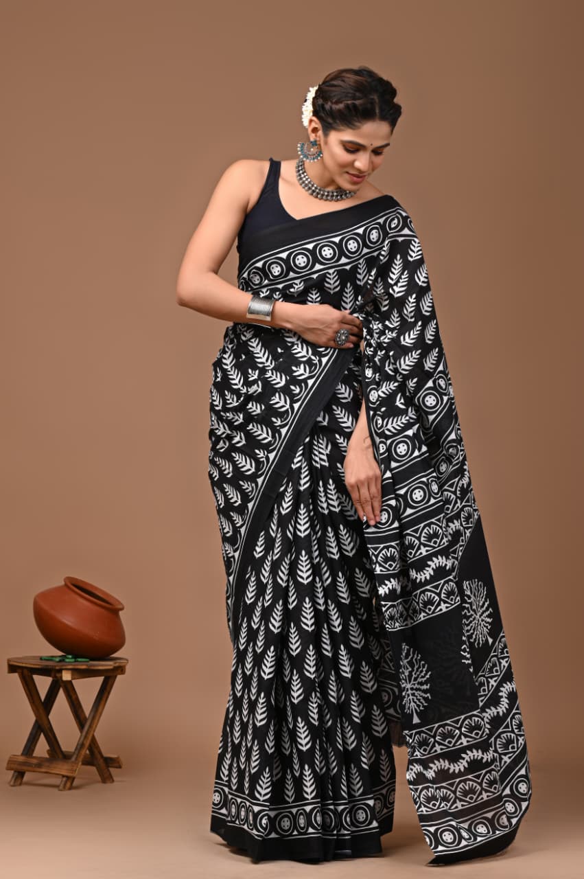 Jaipuri Printed Pure Mulmul Cotton Saree | With Blouse Piece - Black and white