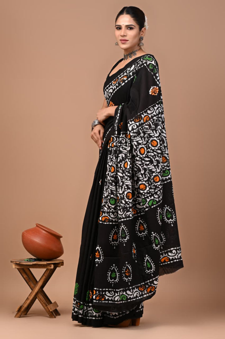 Jaipuri Printed Pure Mulmul Cotton Saree | With Blouse Piece - Batik Black
