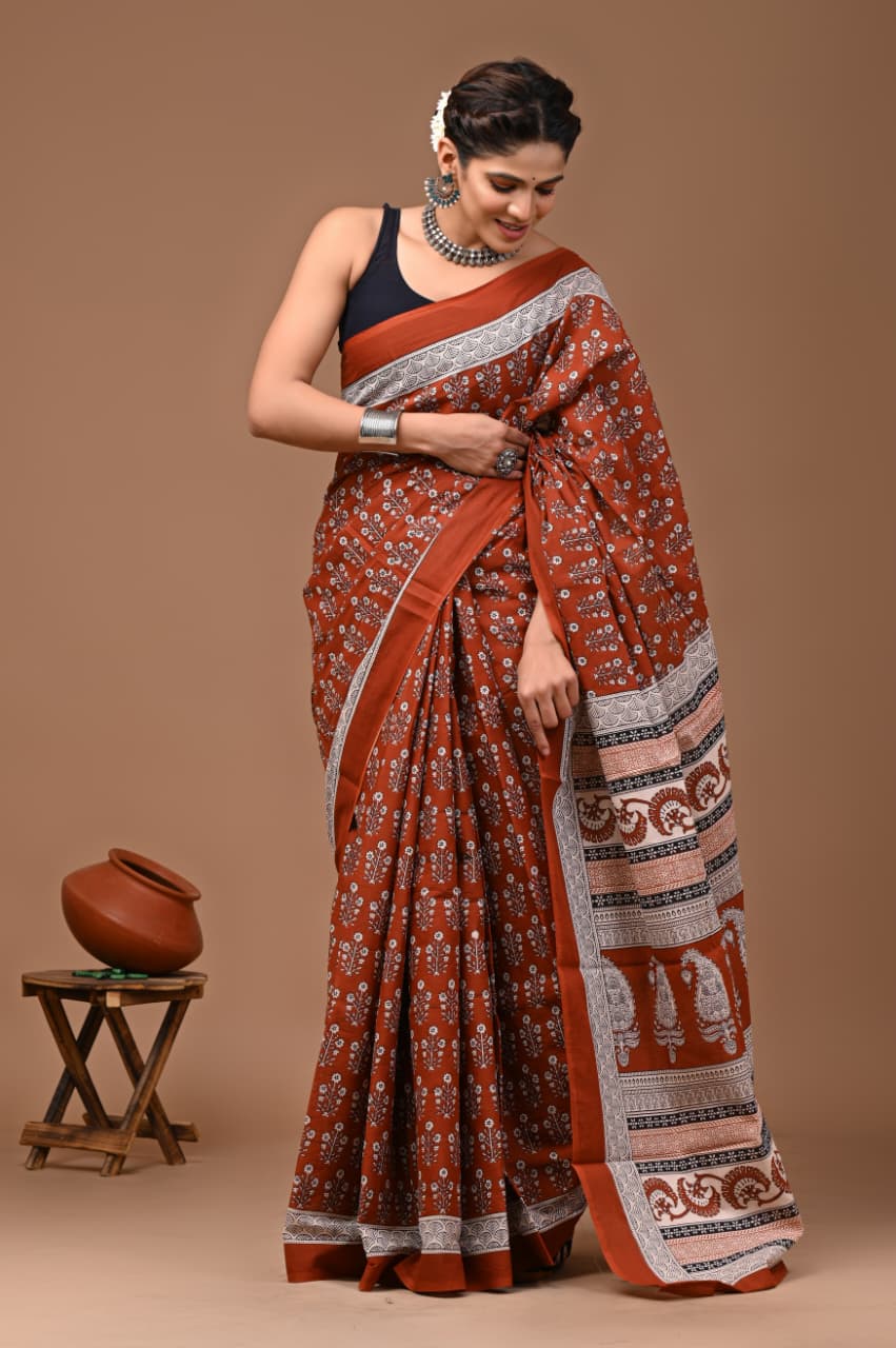 Jaipuri Printed Pure Mulmul Cotton Saree | With Blouse Piece - Rusty Red