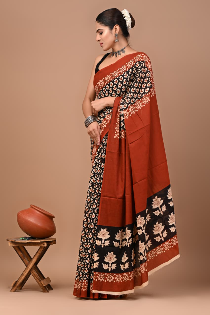 Jaipuri Printed Pure Mulmul Cotton Saree | With Blouse Piece - Bagru print