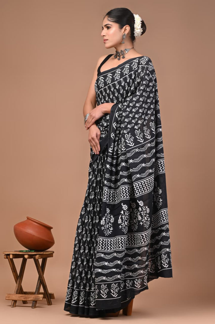 Jaipuri Printed Pure Mulmul Cotton Saree | With Blouse Piece - Black And White