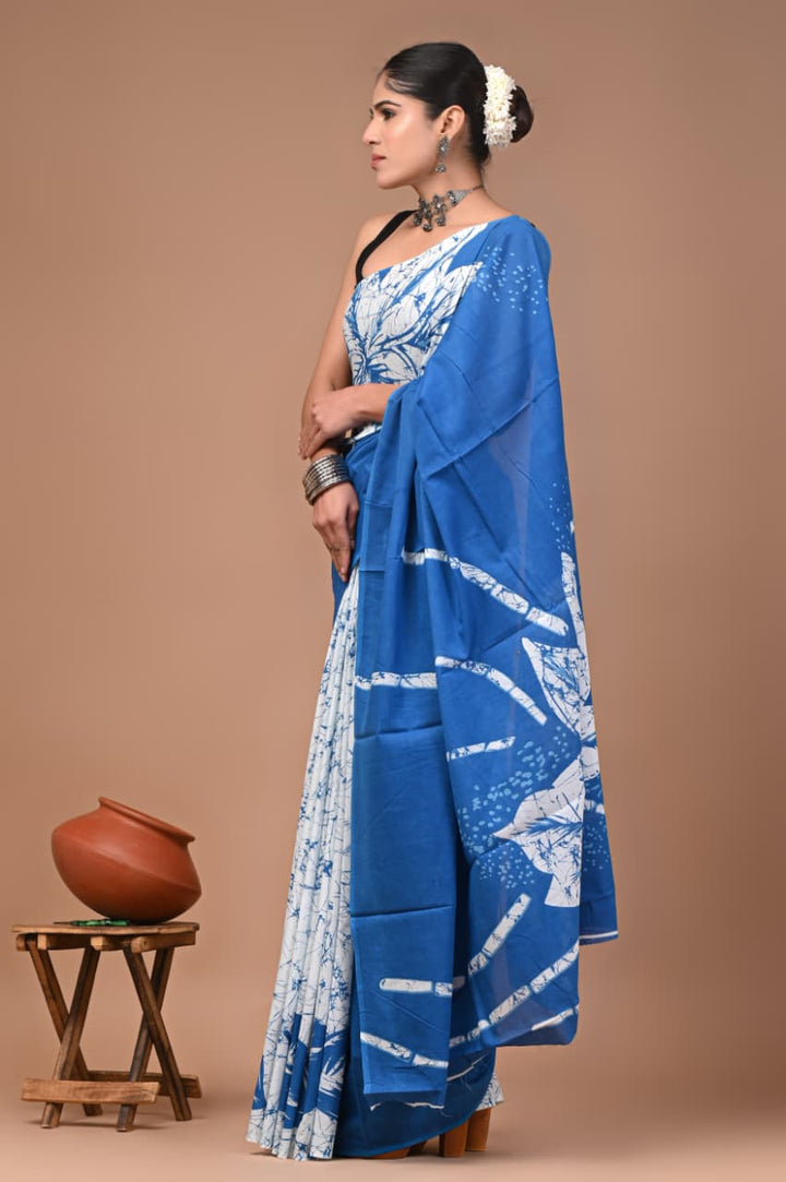 Jaipuri Printed Pure Mulmul Cotton Saree | With Blouse Piece - Sky Blue