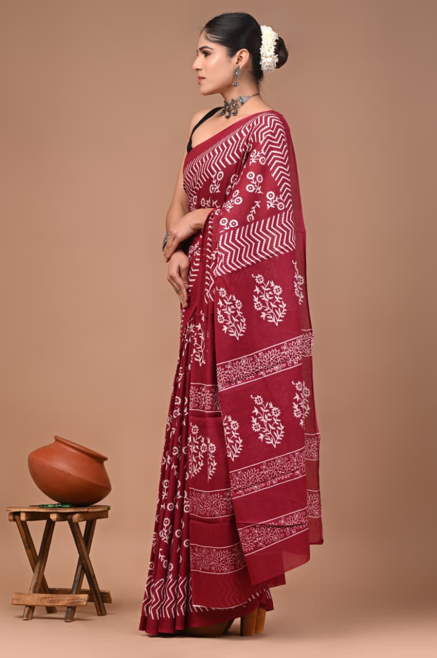 Jaipuri Printed Pure Mulmul Cotton Saree | With Blouse Piece - Rani Pink