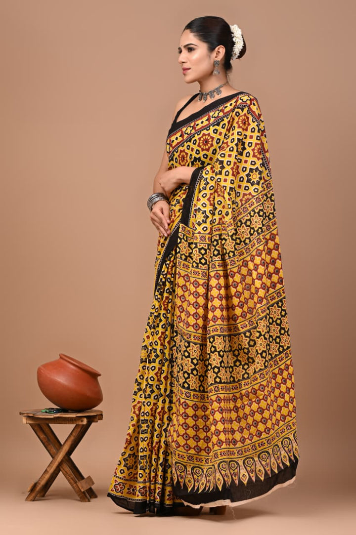 Jaipuri Printed Pure Mulmul Cotton Saree | With Blouse Piece - Ajrakh