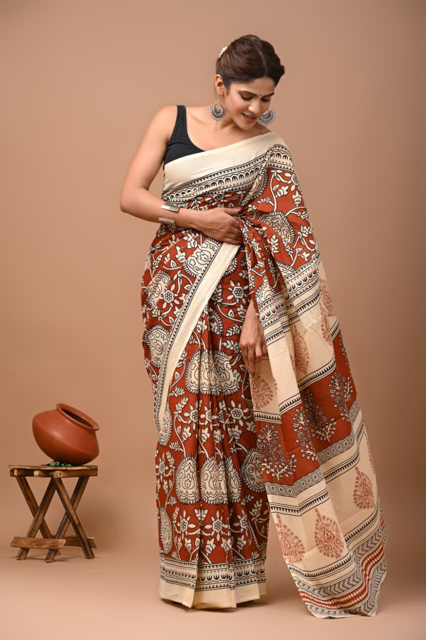 Jaipuri Printed Pure Mulmul Cotton Saree | With Blouse Piece - kalamkari