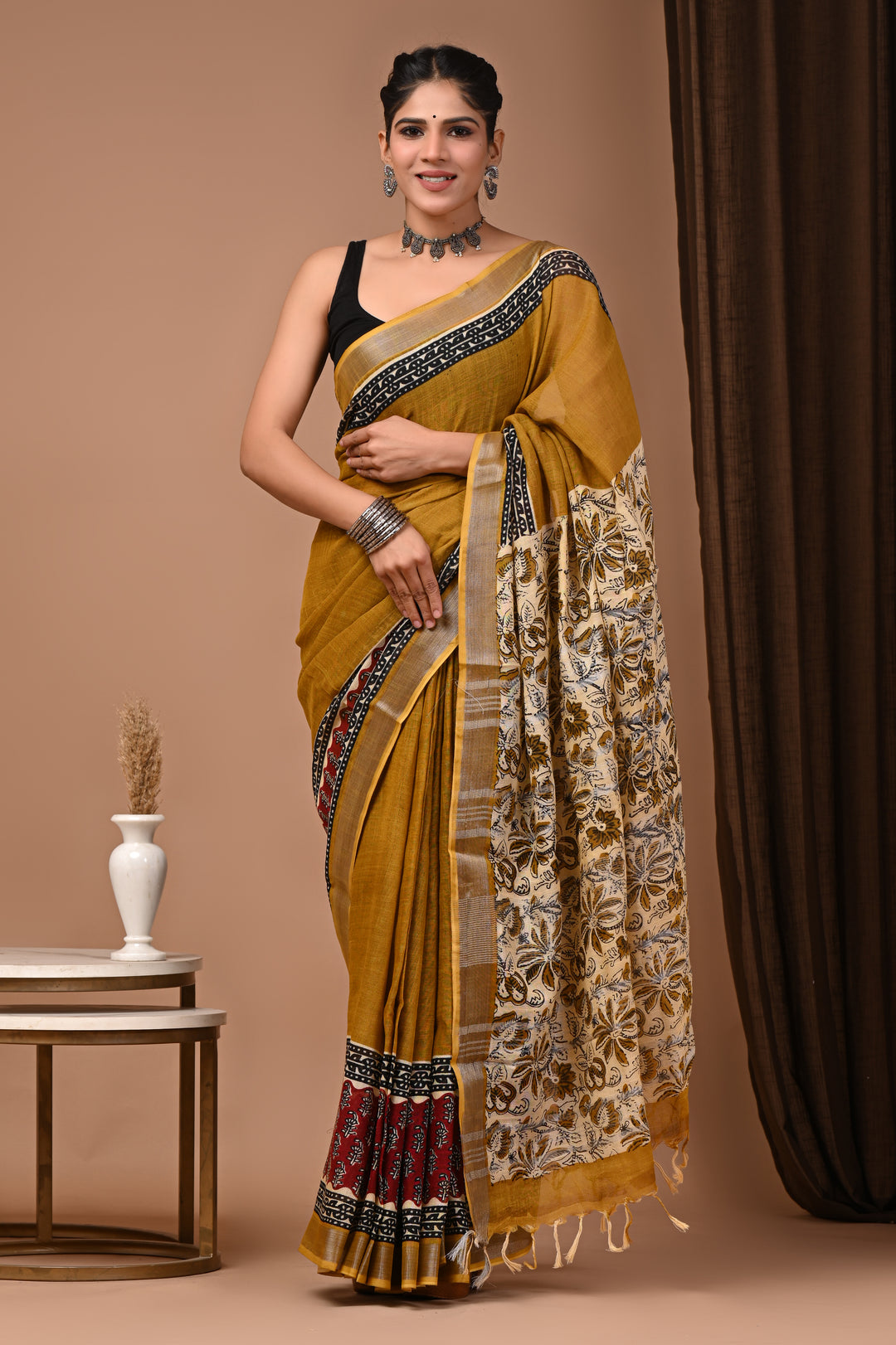 Mustard Yellow Saree with Cream Floral Panel & Zari Detail