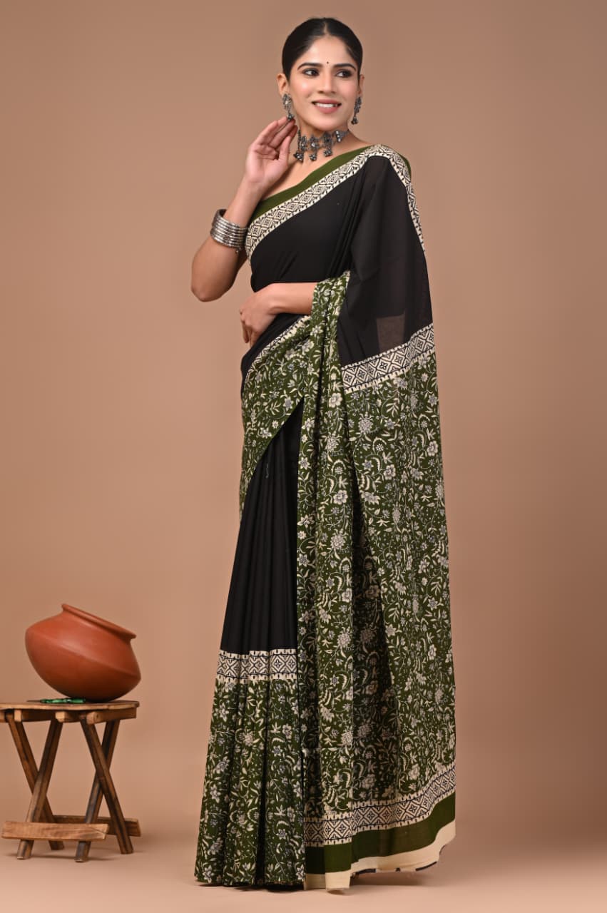 Jaipuri Printed Pure Mulmul Cotton Saree | With Blouse Piece - black and green