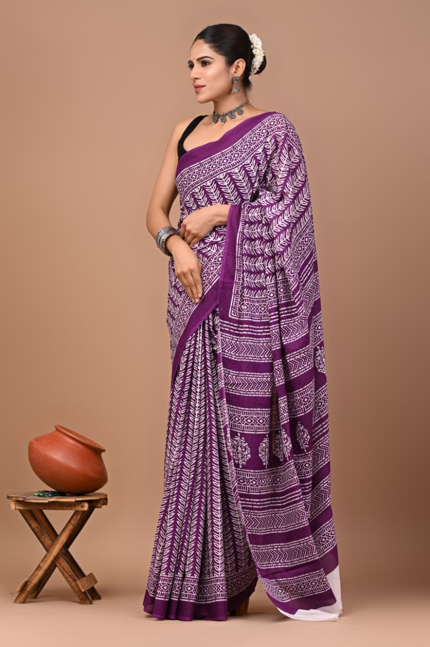 Jaipuri Printed Pure Mulmul Cotton Saree | With Blouse Piece - purple