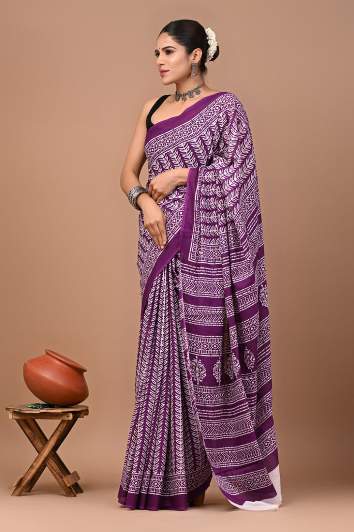 Jaipuri Printed Pure Mulmul Cotton Saree | With Blouse Piece - purple