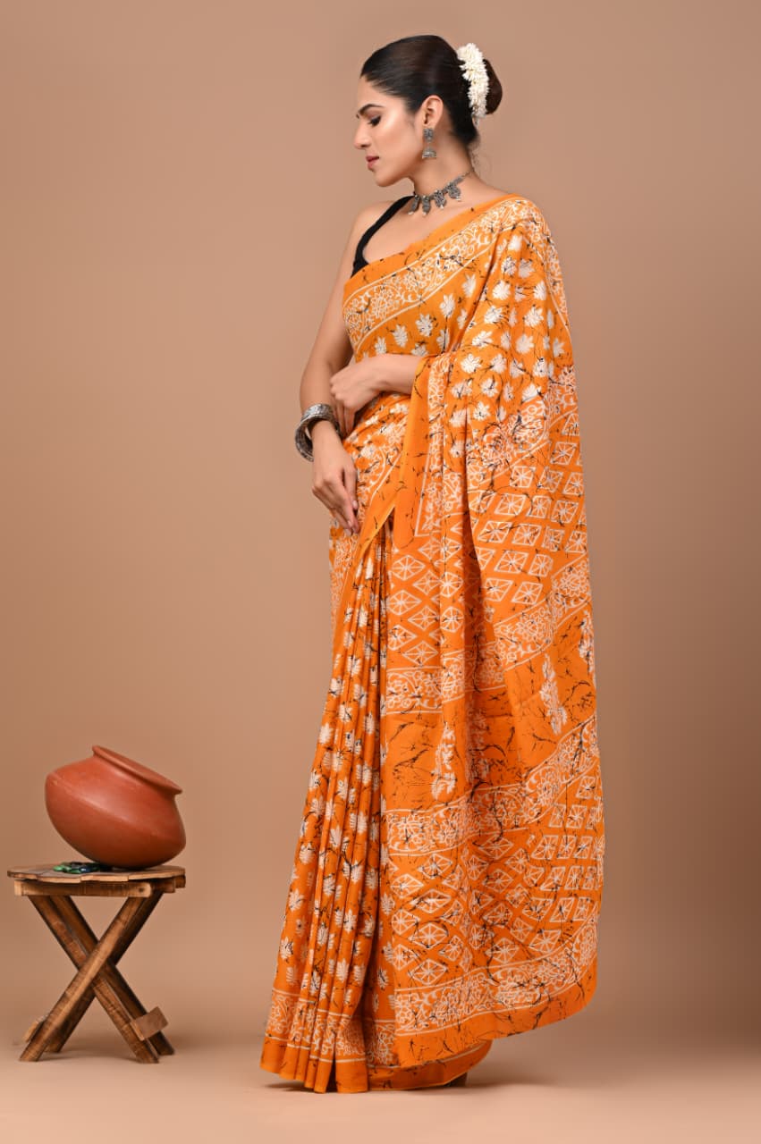 Jaipuri Printed Pure Mulmul Cotton Saree | With Blouse Piece - Mastard yellow